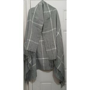 J.crew womens huge blanket wrap scarf gray wool fringe shawl plaid